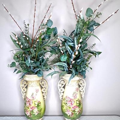 Set of 2 Floral Hand Painted Urn Style Vases