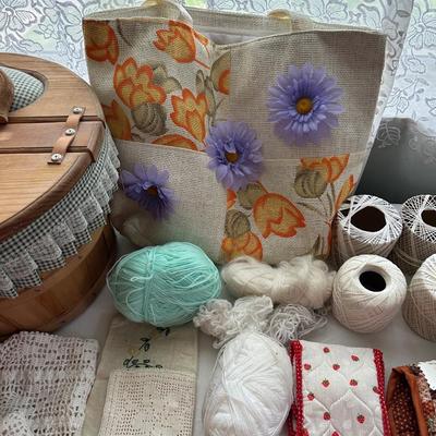 CRAFT SUPPLIES, DOILIES AND A SEWING BOX