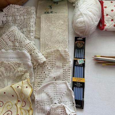 CRAFT SUPPLIES, DOILIES AND A SEWING BOX