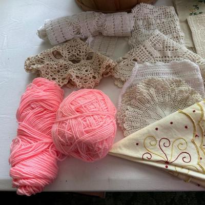 CRAFT SUPPLIES, DOILIES AND A SEWING BOX