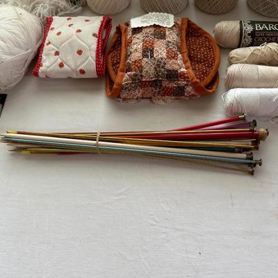 CRAFT SUPPLIES, DOILIES AND A SEWING BOX