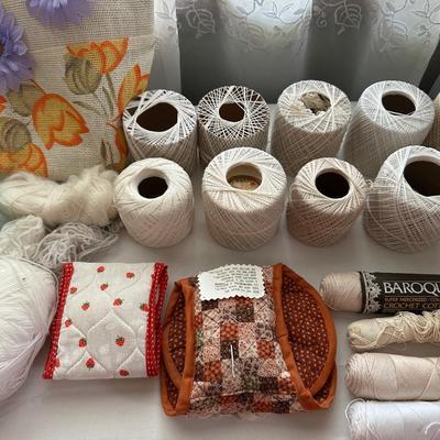 CRAFT SUPPLIES, DOILIES AND A SEWING BOX