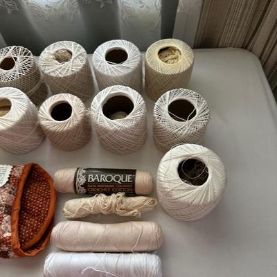 CRAFT SUPPLIES, DOILIES AND A SEWING BOX