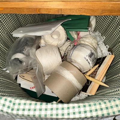 CRAFT SUPPLIES, DOILIES AND A SEWING BOX