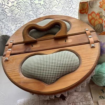CRAFT SUPPLIES, DOILIES AND A SEWING BOX