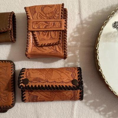 LEATHER TOOLED CASES, DRESSER TOP MIRROR, PIN CUSHION AND MORE