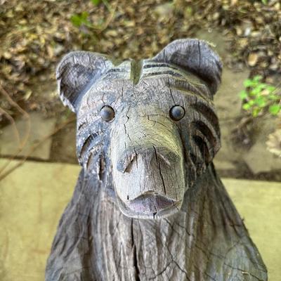 CARVED WOODEN BEAR AND A FLOWER POT