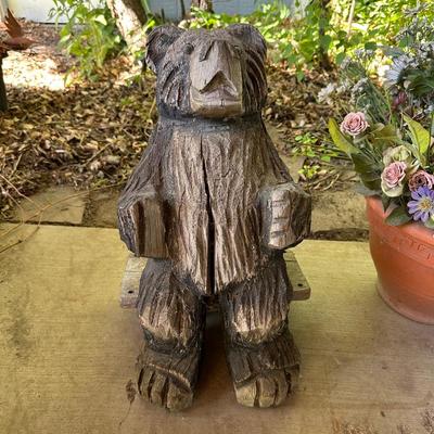 CARVED WOODEN BEAR AND A FLOWER POT