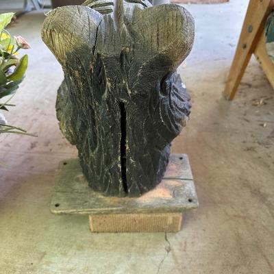 CARVED WOODEN BEAR AND A FLOWER POT