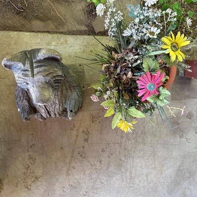 CARVED WOODEN BEAR AND A FLOWER POT