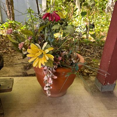 CARVED WOODEN BEAR AND A FLOWER POT