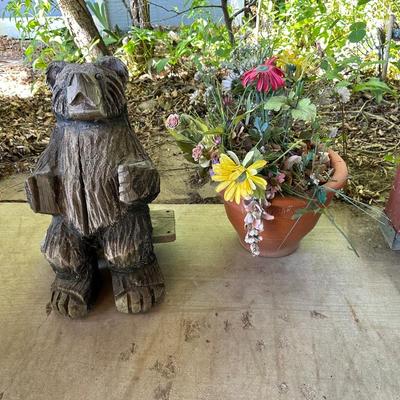 CARVED WOODEN BEAR AND A FLOWER POT