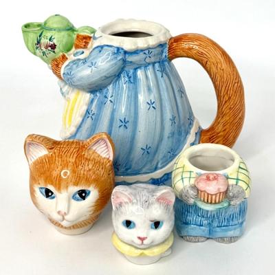 Vintage AVON Cat and Kittens Tea Pot Set with Sugar & Creamer and Salt & Pepper