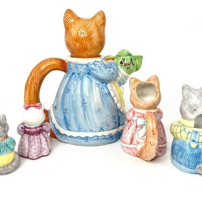 Vintage AVON Cat and Kittens Tea Pot Set with Sugar & Creamer and Salt & Pepper
