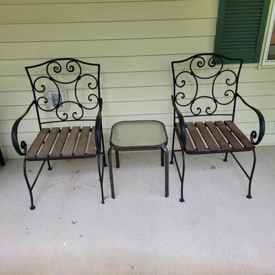 Wrought Iron Arm Chairs and Glass Top End Table (FP-EL)