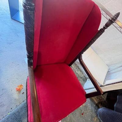Unusual High-Back Red Chair w/Finials