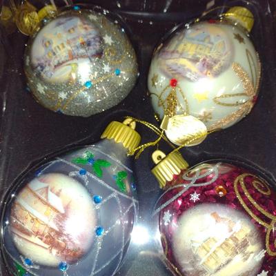 Thomas Kinkade Bradford Exchange Limited Edition Glass Christmas Ornaments "Glow of the Holidays" (G)