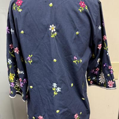 Vintage Chukie Top Blouse Embroidered flowers Navy Blue L large