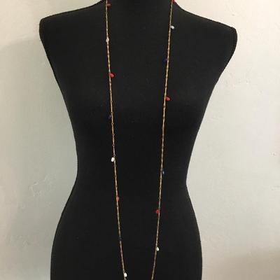 Vintage Red white and blue enamel bead, gold tone, long flapper style necklace