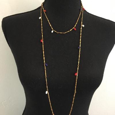 Vintage Red white and blue enamel bead, gold tone, long flapper style necklace
