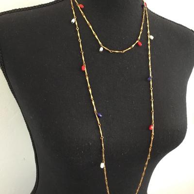Vintage Red white and blue enamel bead, gold tone, long flapper style necklace