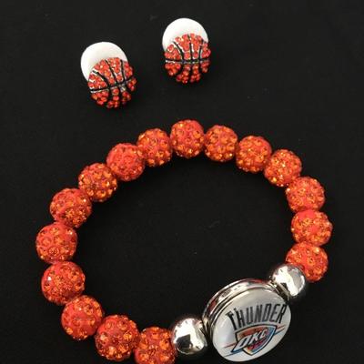 OKC thunder basketball rhinestone stretch bracelet and stud earings