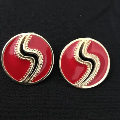Vintage gold toned red enamel , circular stud, large earrings