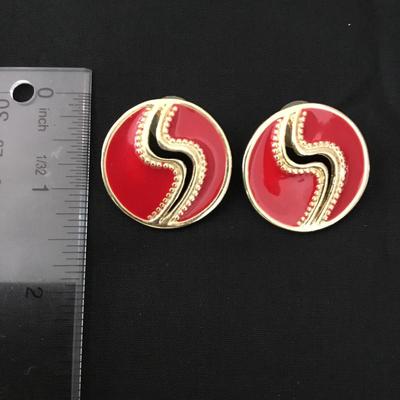Vintage gold toned red enamel , circular stud, large earrings