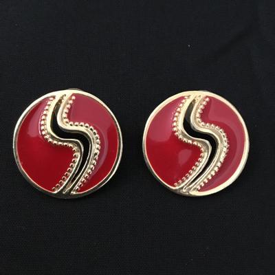 Vintage gold toned red enamel , circular stud, large earrings