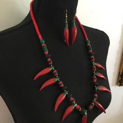 Vintage handcrafted, chili pepper, earrings, necklace, and broach set