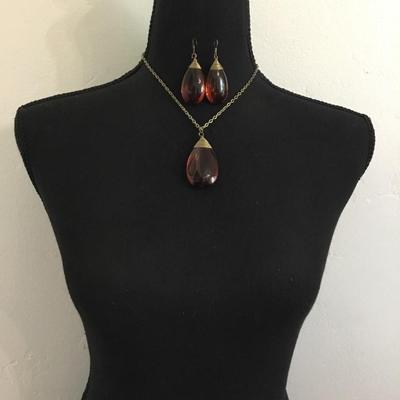 Vintage Baltic, amber colored glass, necklace, and earring set