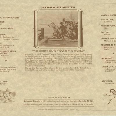 American Revolution Bicentennial Commemorative One Dollar Certificate, Massachusetts