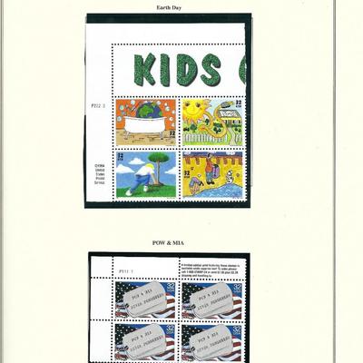 1995 US stamp collector sheet featuring Earth Day and POW & MIA stamps