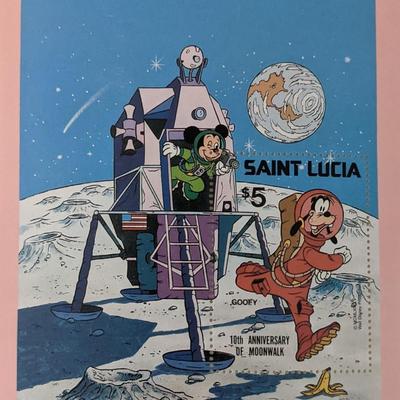 St. Lucia 1980 Goofy on the Moon 10th Anniversary Moonwalk Stamp