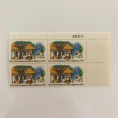 1977 13c First Civil Settlement: Alta, California Plate Block of Stamps