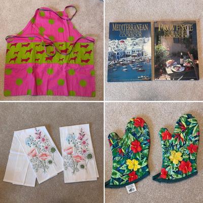 Several Cookbooks, Tea Towels, and Aprons (LR-DZ)