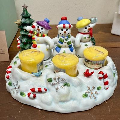 Party Lite "Snowbell" Christmas Decor - 3 snowmen candle holder for 3 votive candles and 1 pillar candle
