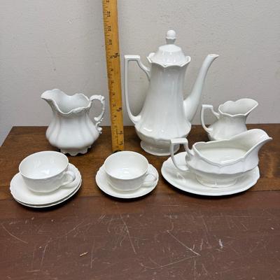 Vintage white China Lot: Coffee Pot, Teacups and Saucers, and More