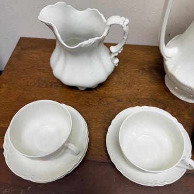 Vintage white China Lot: Coffee Pot, Teacups and Saucers, and More