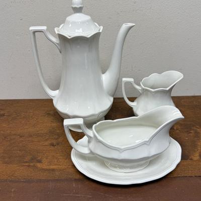 Vintage white China Lot: Coffee Pot, Teacups and Saucers, and More