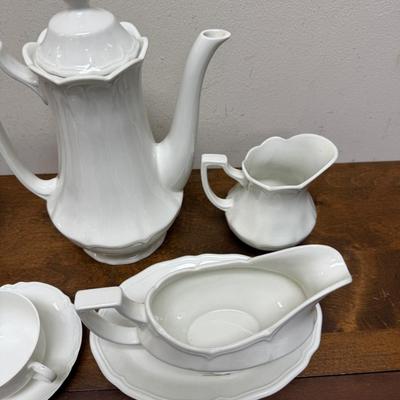 Vintage white China Lot: Coffee Pot, Teacups and Saucers, and More
