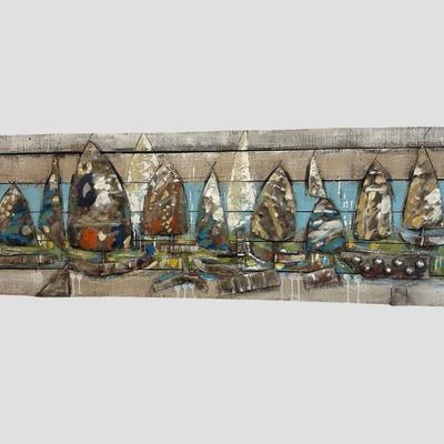 Sale Photo Thumbnail #25: Abstract Sailboat Mixed Media Wall Art.

Dimensions: 21.5” x 72” x 3” deep
