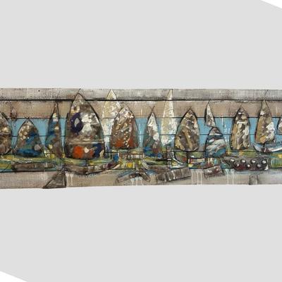 Sale Photo Thumbnail #27: Abstract Sailboat Mixed Media Wall Art.

Dimensions: 21.5” x 72” x 3” deep
