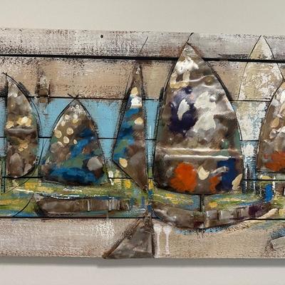 Sale Photo Thumbnail #30: Abstract Sailboat Mixed Media Wall Art.

Dimensions: 21.5” x 72” x 3” deep