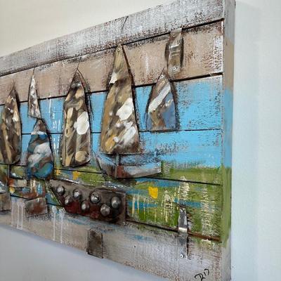 Sale Photo Thumbnail #38: Abstract Sailboat Mixed Media Wall Art.

Dimensions: 21.5” x 72” x 3” deep