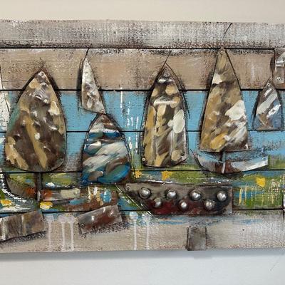 Sale Photo Thumbnail #29: Abstract Sailboat Mixed Media Wall Art.

Dimensions: 21.5” x 72” x 3” deep