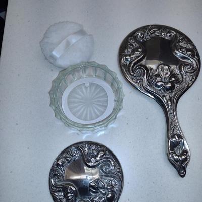 Hand Held Mirror and Powder Box with Lid
