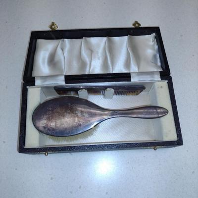Sterling Silver Comb and Brush Set with Storage Box