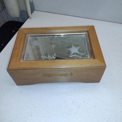 Wooden Jewelry Box with Mirrored Top- Approx 6" x 9" x 3" Tall