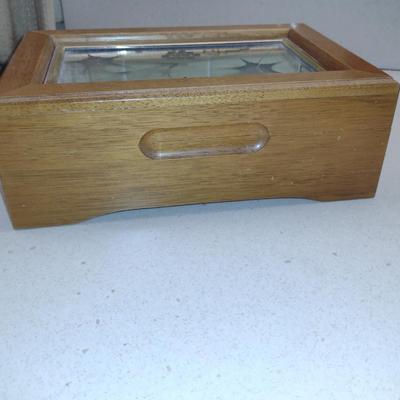 Wooden Jewelry Box with Mirrored Top- Approx 6" x 9" x 3" Tall